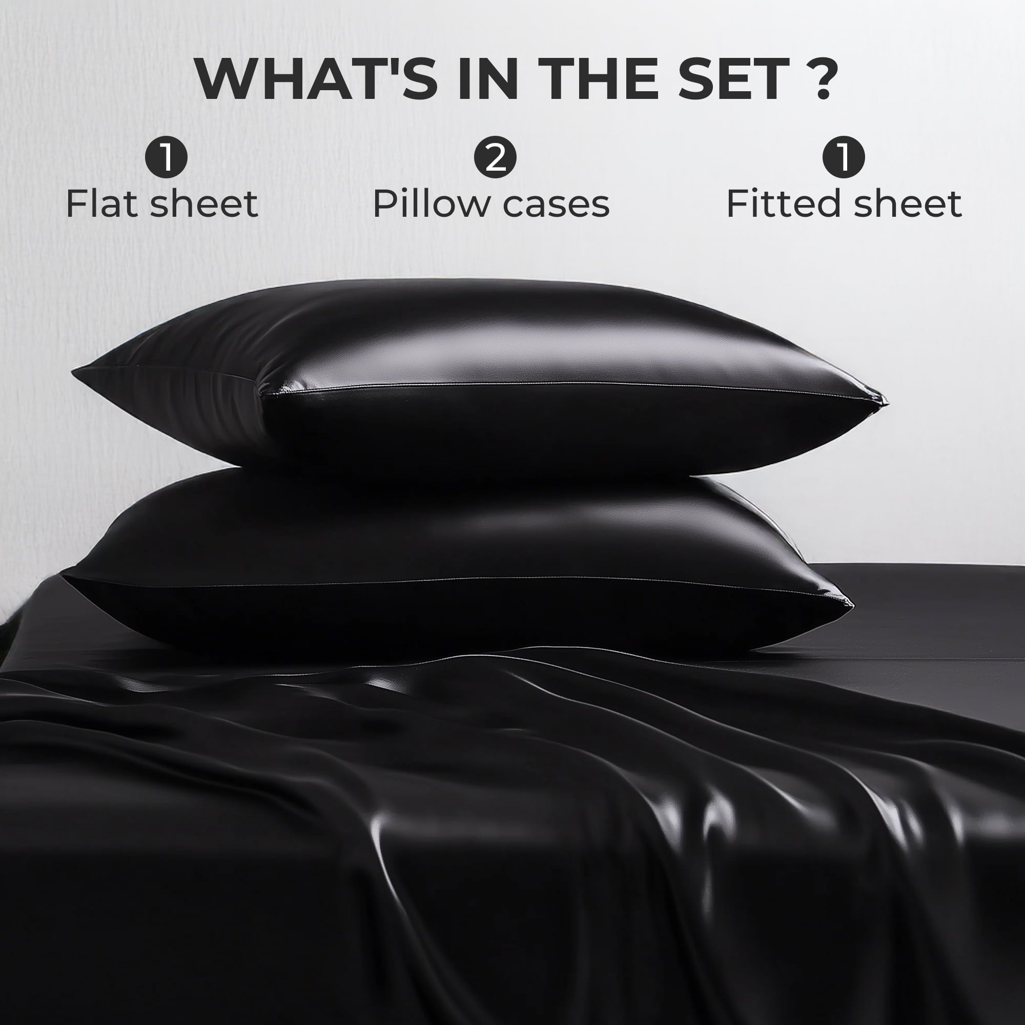 Ultra-Soft Queen Silk Black Bed Sheet Set,4 Pieces 1800 Microfiber 2 Pillowcase 20"x30" - Breathable Egyptian Cotton Flat & Fitted Sheets Detail