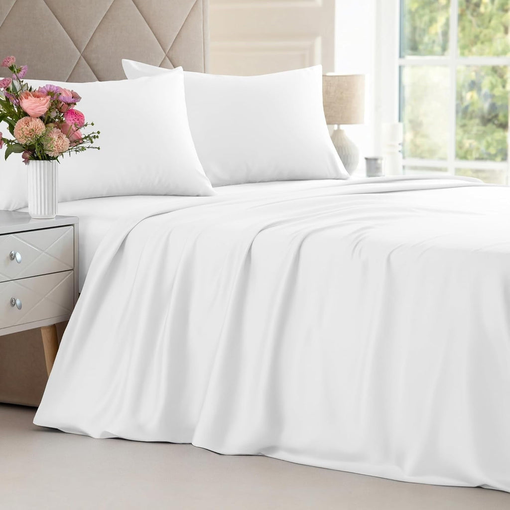Cooling Sateen 4-Piece Luxury Bamboo Cooling Sheet Set - Queen Size 100% Bamboo Derived Rayon Premium Bed Sheets, White - Luxury Bed Sheet Set with Deep Pockets - Default Title
