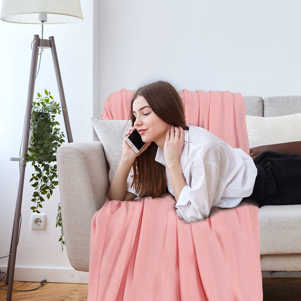 Decorative Knitted Pure Cotton Soft Cable Knit Throw Blanket Pink 50" x 70" - Luxury Knitted Decorative Throw Blanket with Fringes Detail