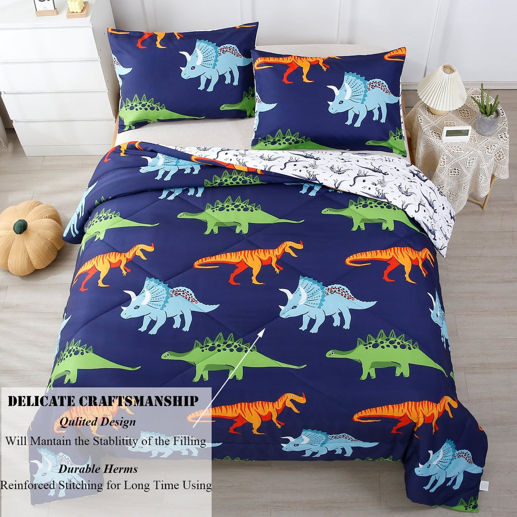 Hypoallergenic Cloud 3 Pcs Dinosaur Twin Size Bedding Sets for Boys, Dinosaur Printing Boys Comforter Set, Blue and White Reversible Bed C... - Cloud-Like Soft Lightweight Bed Comforter Detail