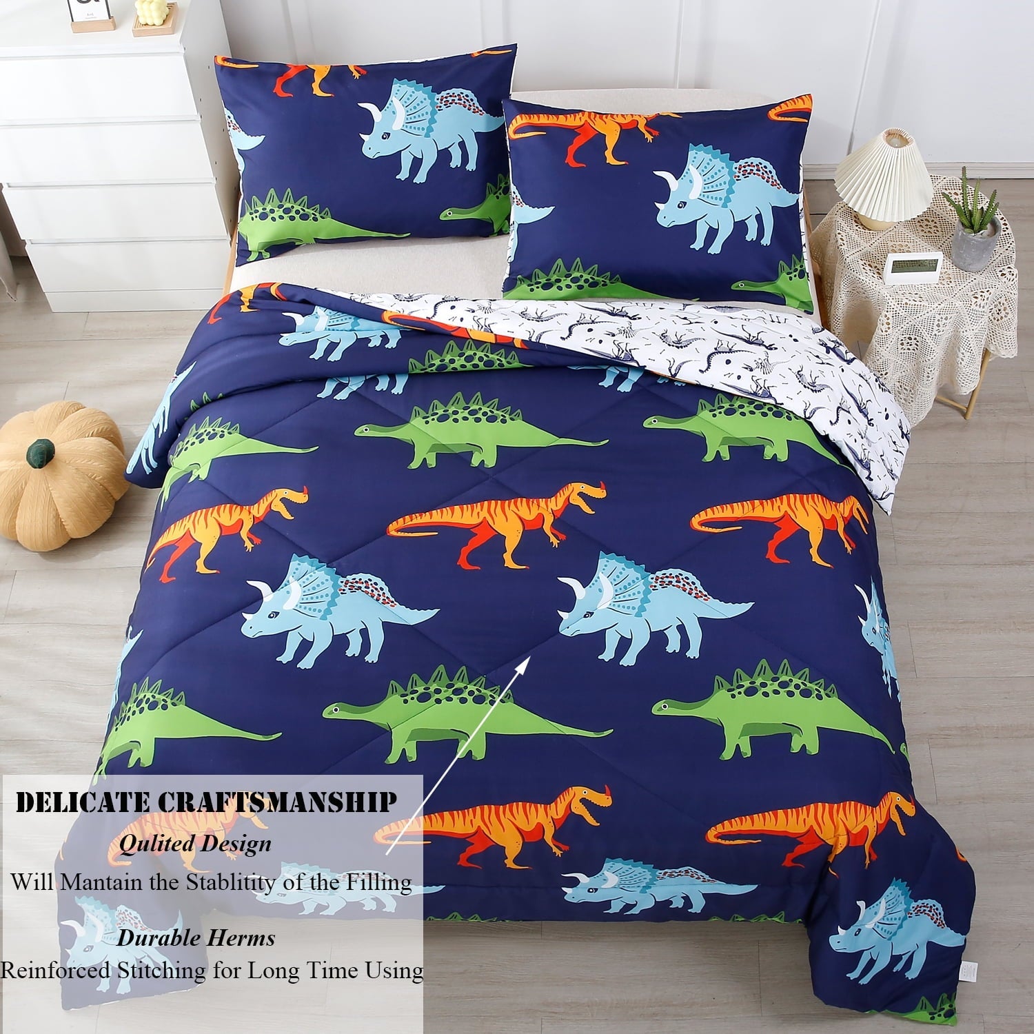 Hypoallergenic Cloud 3 Pcs Dinosaur Twin Size Bedding Sets for Boys, Dinosaur Printing Boys Comforter Set, Blue and White Reversible Bed C... - Cloud-Like Soft Lightweight Bed Comforter Detail