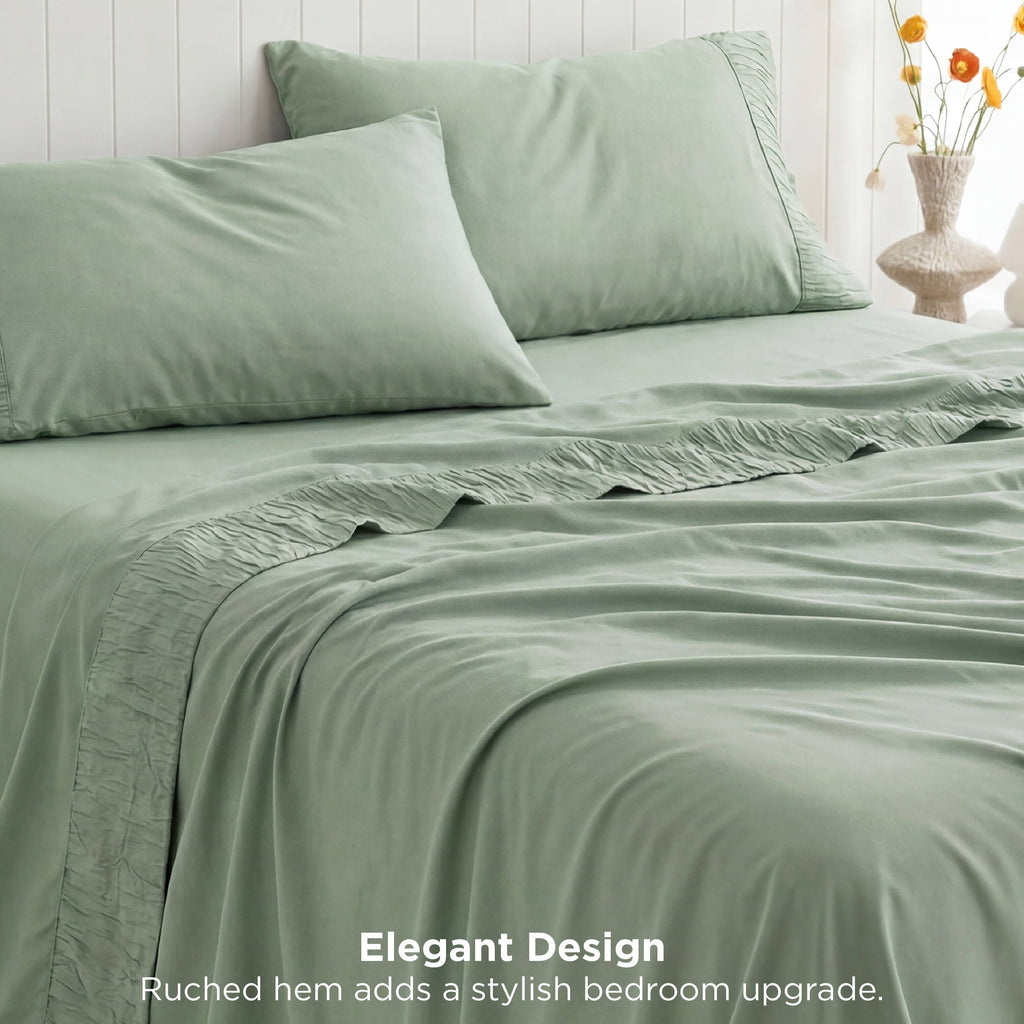Cooling Sateen Queen Sheets Set, 4 Pieces Deep Pockets Cooling Soft Polyester Microfiber Bed Sheets Set, Sea Foam Green - Cooling Hotel Quality Bedding Sheets and Pillowcases Detail