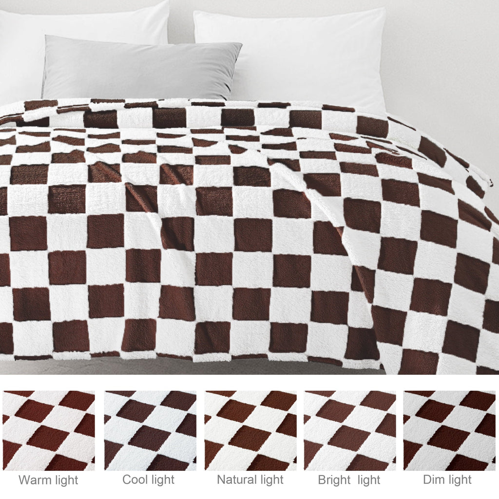 Lightweight Warm Checkered Throw Blanket, Super Soft and Warm Fluffy Fleece Blanket for Couch, Sofa, Bed, Cute Plaid Pattern, Coffee, ... - Luxury Knitted Decorative Throw Blanket with Fringes Detail