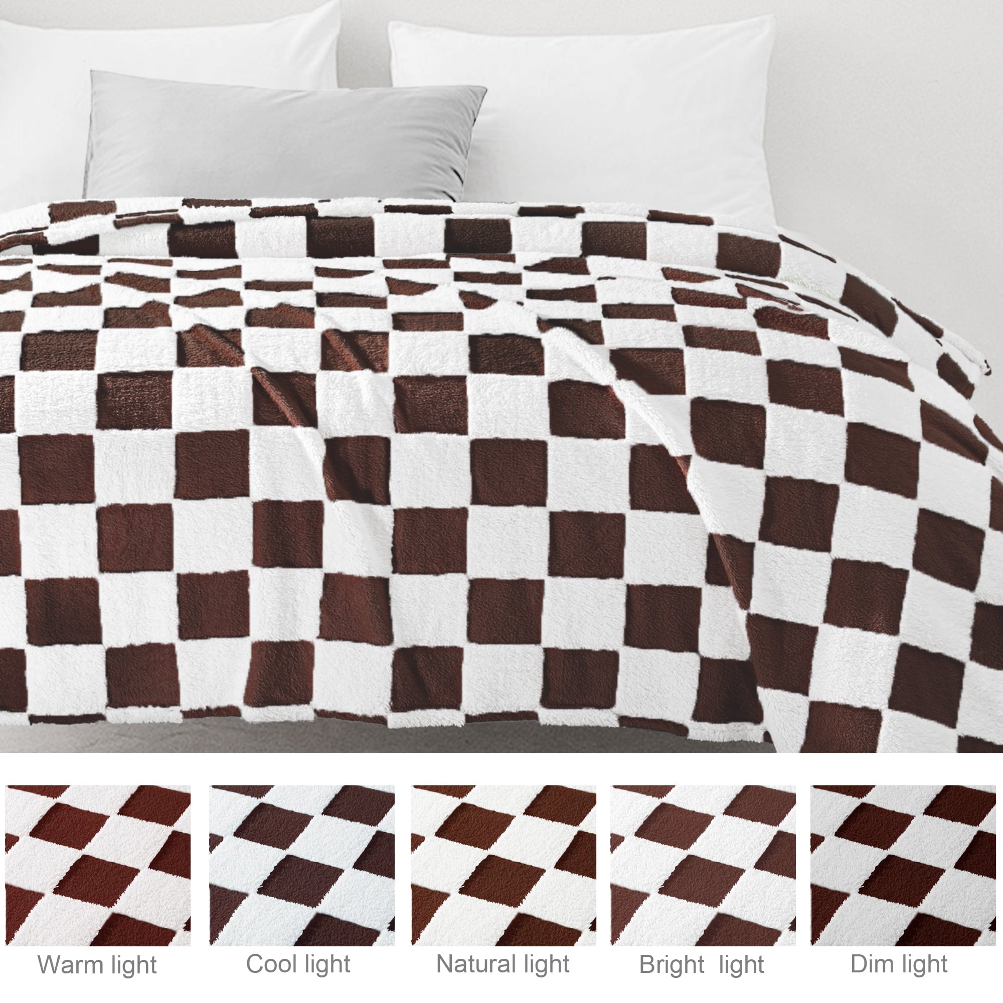 Lightweight Warm Checkered Throw Blanket, Super Soft and Warm Fluffy Fleece Blanket for Couch, Sofa, Bed, Cute Plaid Pattern, Coffee, ... - Luxury Knitted Decorative Throw Blanket with Fringes Detail