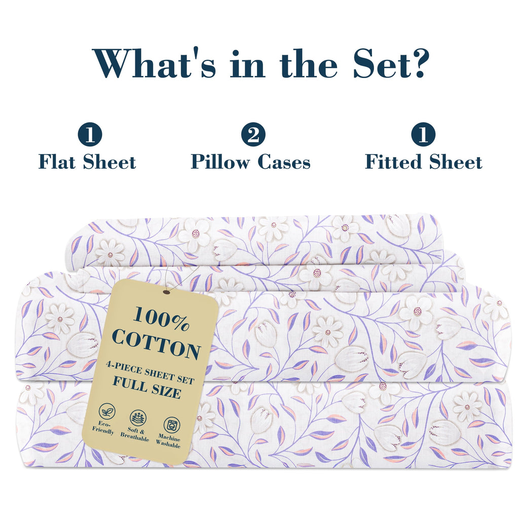 Premium Egyptian Cotton 100% Cotton Full Size Sheets,4 Piece Pure Percale Bed Sheets Set Deep Pocket Fits Mattress Upto 15",floral vine pattern - Premium Ultra-Soft Pillowcase Pair for Sleeping Detail