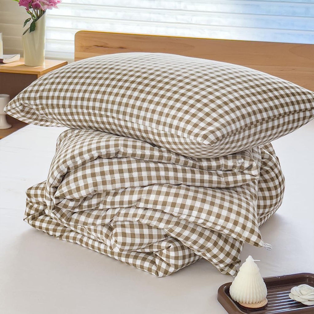 Luxurious Quilted Tan Gingham Queen Comforter Set, Taupe Plaid Bedding Set, Checked Bed Comforter 3 Pieces(Tan Gingham, Queen) - Cloud-Like Soft Lightweight Bed Comforter Detail