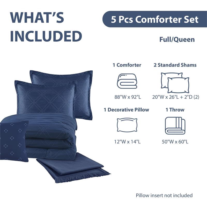 Fluffy Down Alternative 5-Piece Reversible Comforter Set Navy Cross Stitch Bedding with Decor Pillow and Throw, Full/Queen - All-Season Down Alternative Comforter Insert Detail