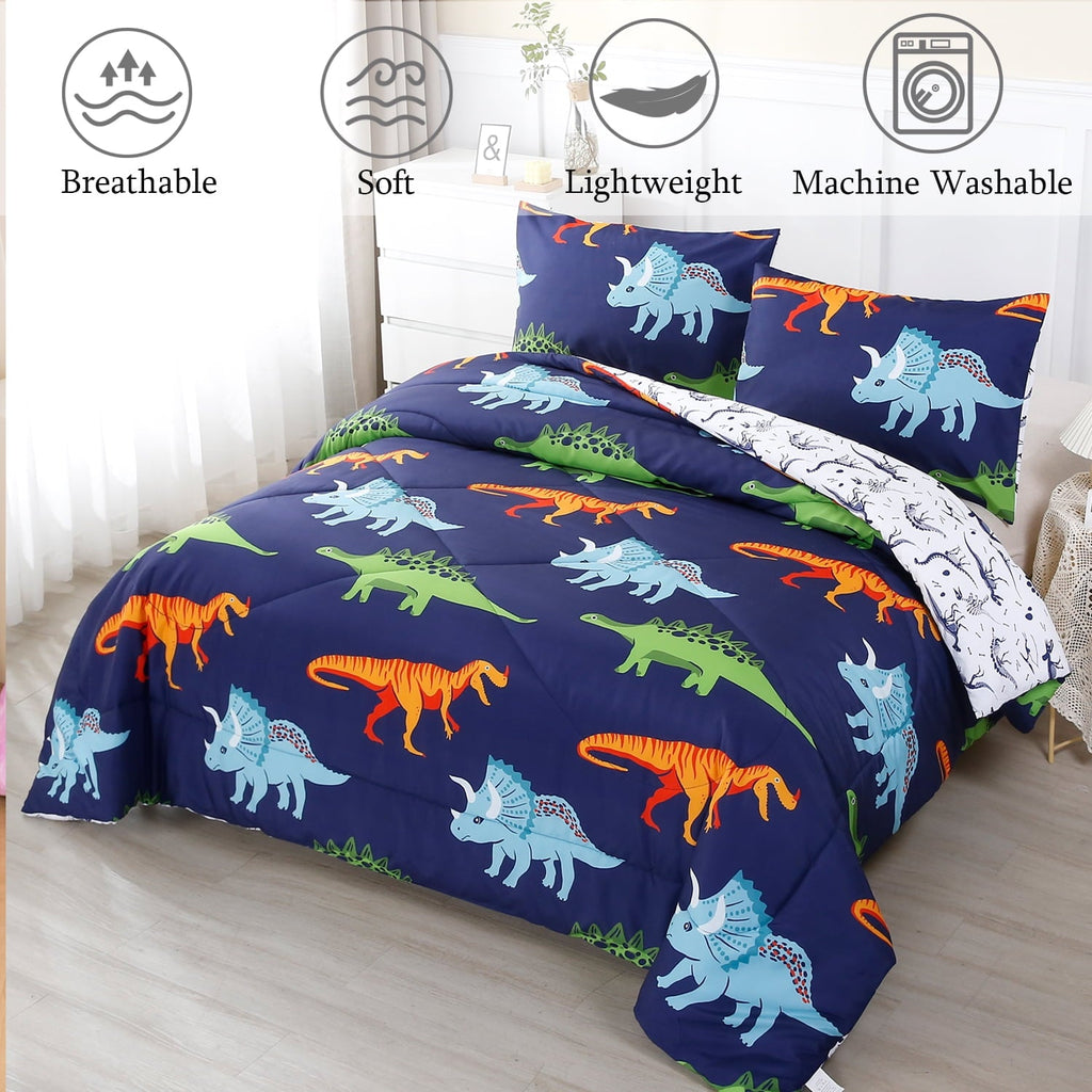 Hypoallergenic Cloud 3 Pcs Dinosaur Twin Size Bedding Sets for Boys, Dinosaur Printing Boys Comforter Set, Blue and White Reversible Bed C... - Cloud-Like Soft Lightweight Bed Comforter Detail