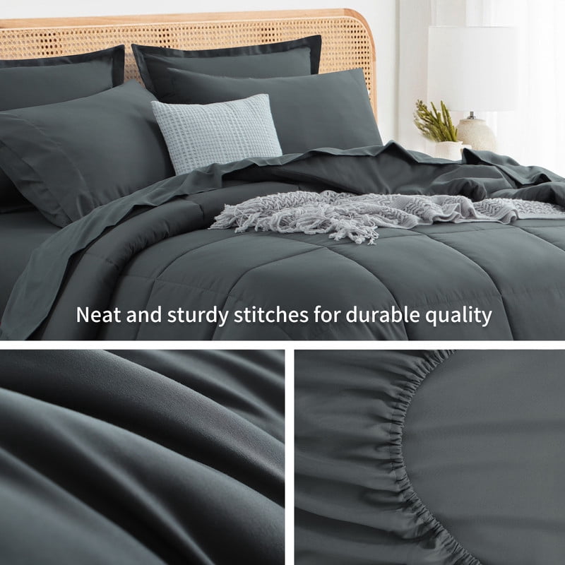 All-Season 7 Pieces Comforter Set with Sheets - Bed in a Bag with Comforter and All Season Sheets, Pillowcases,Dark Gray,Queen - Hypoallergenic Ultra-Fluffy Quilt for Winter Detail