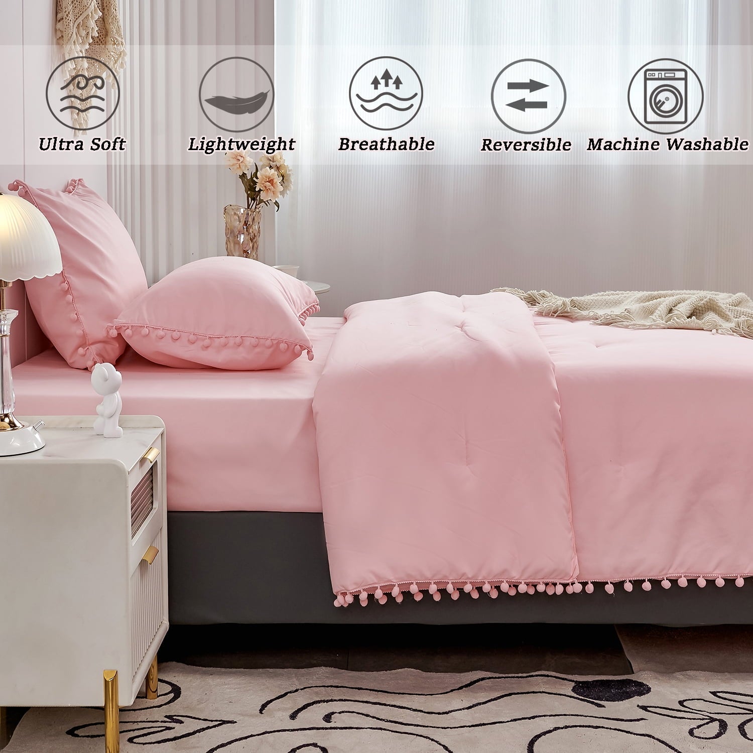Fluffy Down Alternative Pink Full Size Comforter Set Pom Fringe 3 Pcs Boho Chic Cute Ball Pom Blush Bedding Set Cali Soft Lightweight Solid B... - Hypoallergenic Ultra-Fluffy Quilt for Winter Detail