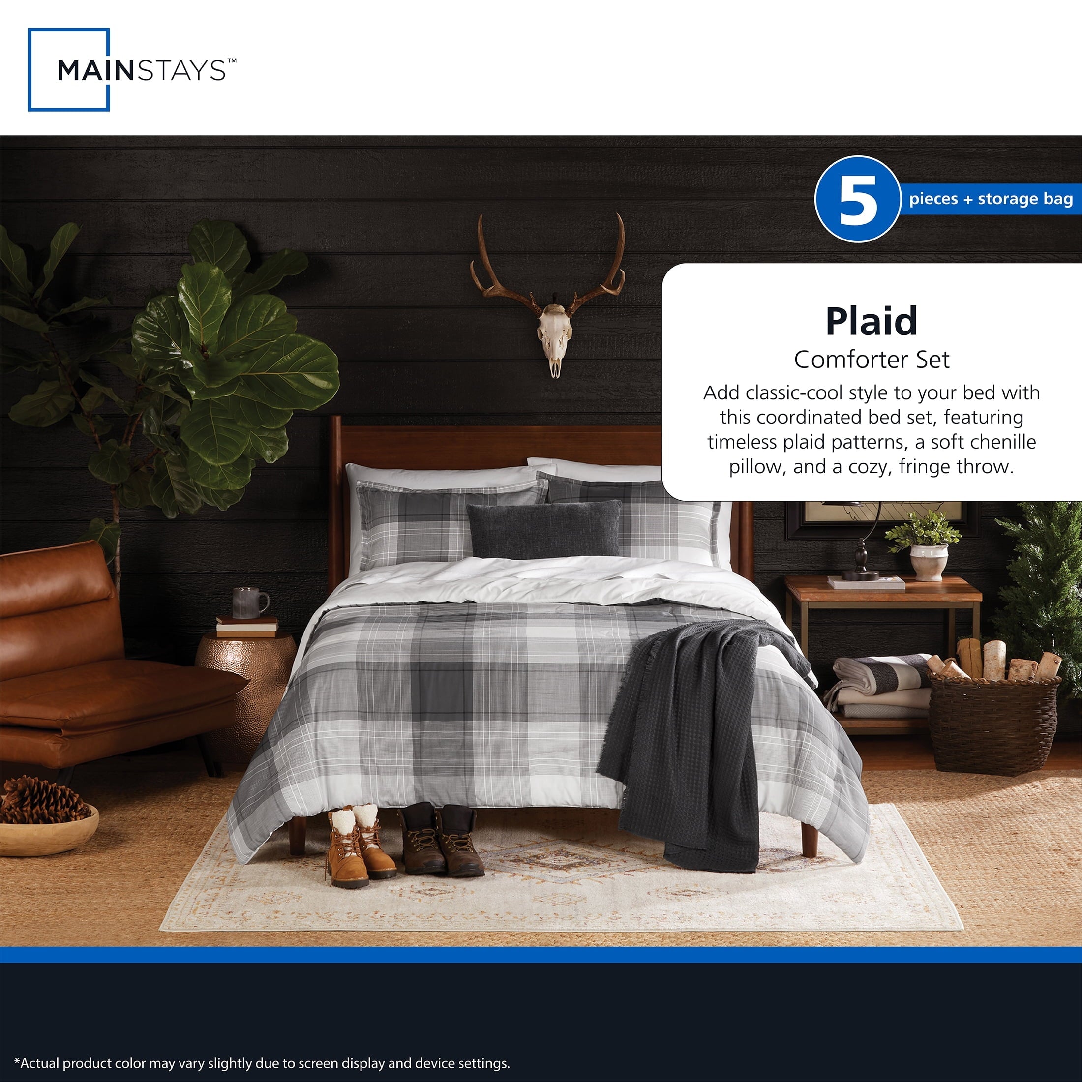 Heavyweight Warmth Full/Queen Comforter Set, All-Season, 5-Piece, Grey Plaid - Cloud-Like Soft Lightweight Bed Comforter Detail
