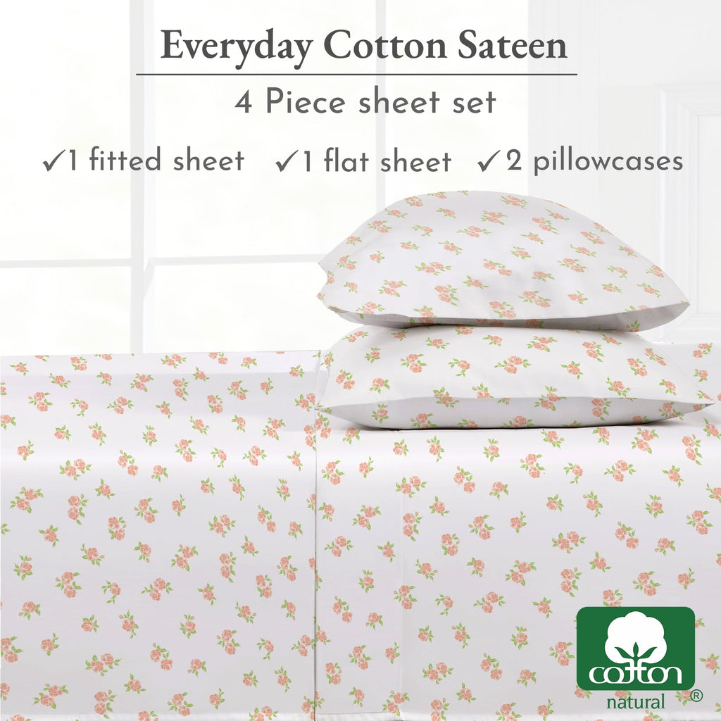 Cooling Sateen 4 Piece Printed Floral Bed Sheets Queen Size Set - 100% Cotton Sheets Queen, Soft Sateen Bedsheets, Deep Pocket Queen... - Cooling Hotel Quality Bedding Sheets and Pillowcases Detail