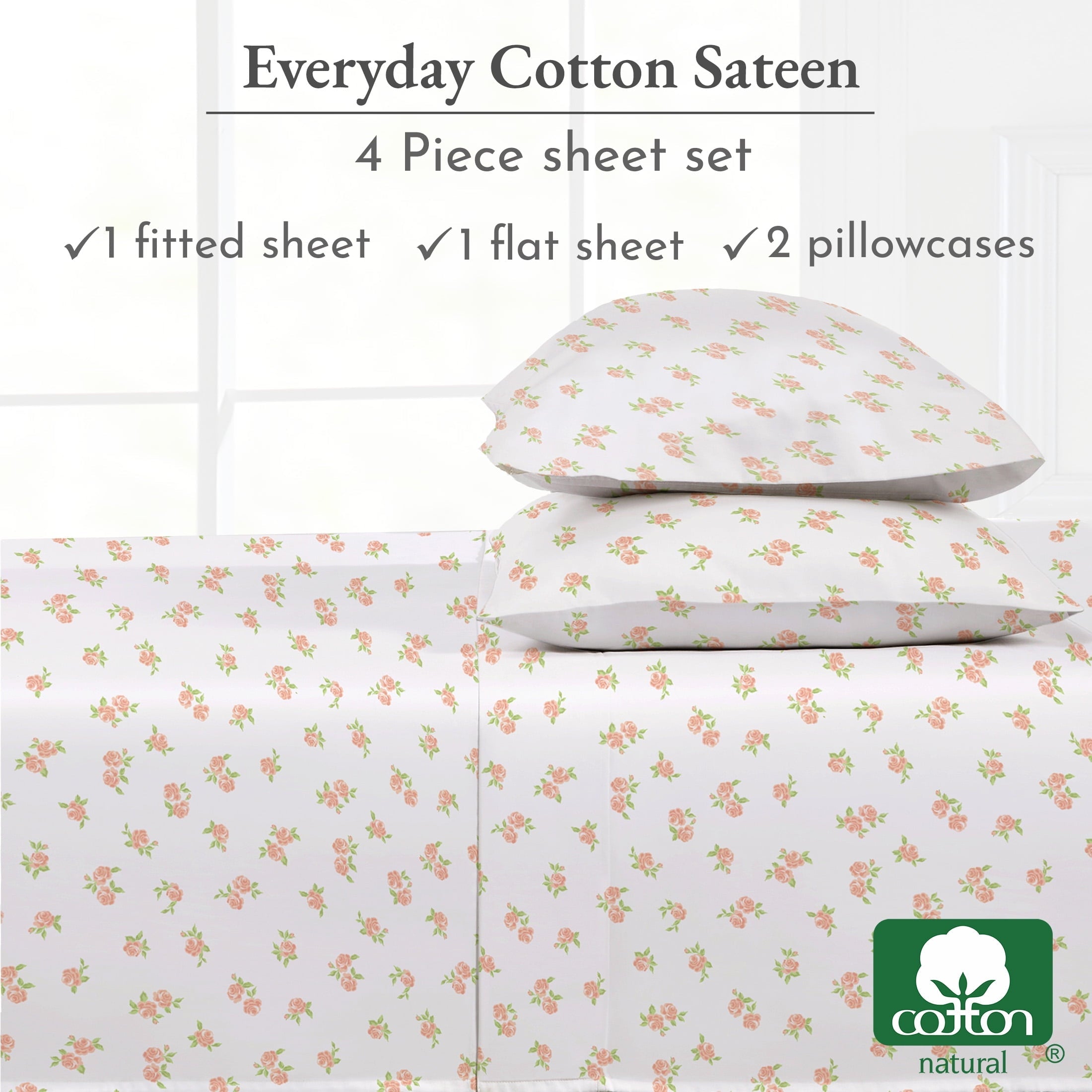 Cooling Sateen 4 Piece Printed Floral Bed Sheets Queen Size Set - 100% Cotton Sheets Queen, Soft Sateen Bedsheets, Deep Pocket Queen... - Cooling Hotel Quality Bedding Sheets and Pillowcases Detail