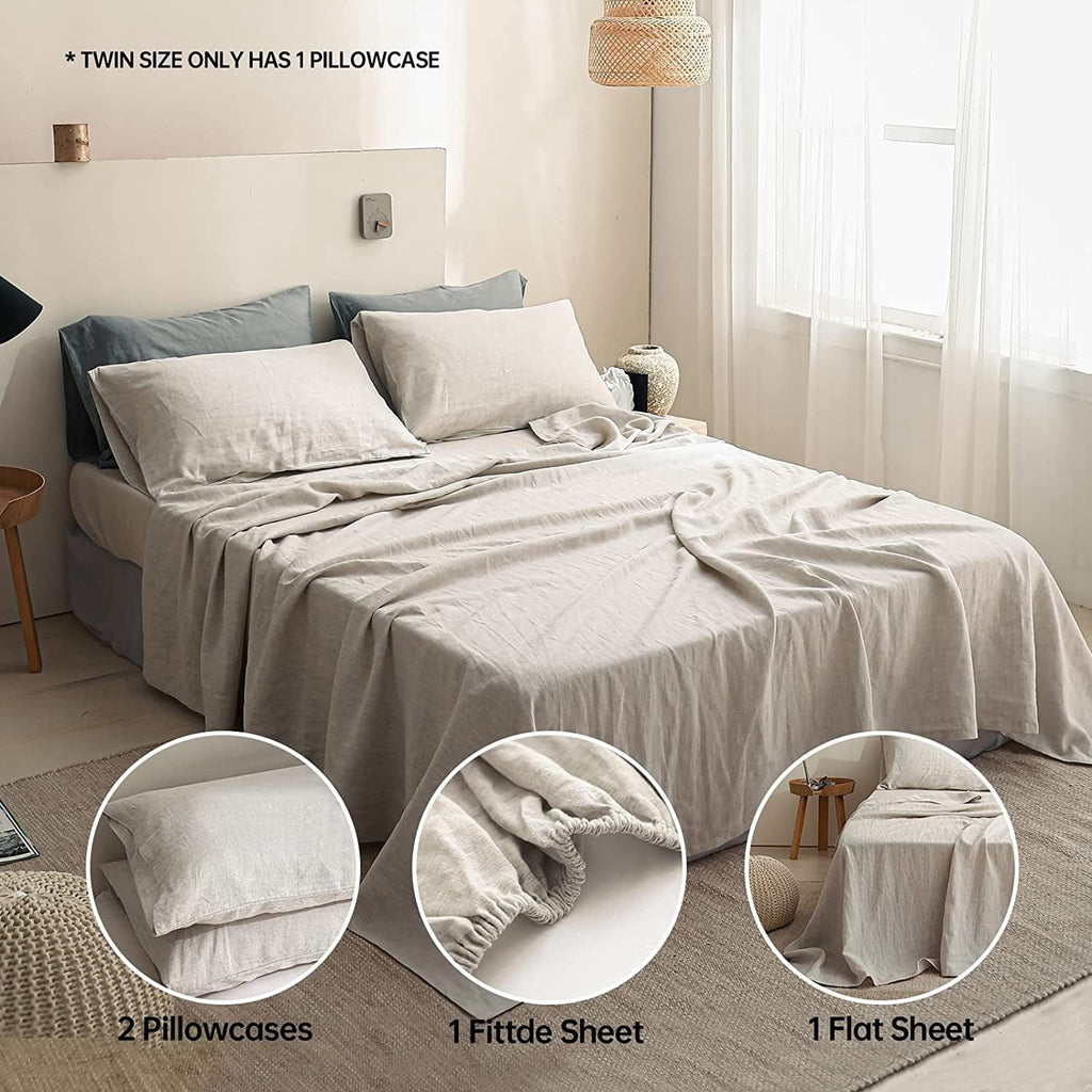 Ultra-Soft 100% Linen Sheet Set Solid Color-4 Pcs Washed French Linen Bed Sheets(1 Flat Sheet,1 Fitted Sheet,2 Pillowcases)-Brea... - Cooling Hotel Quality Bedding Sheets and Pillowcases Detail