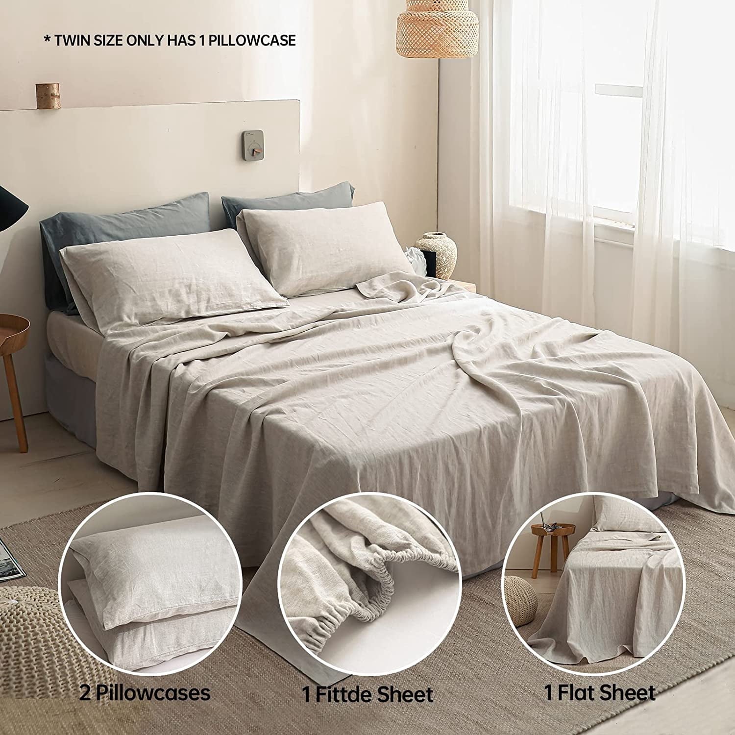 Ultra-Soft 100% Linen Sheet Set Solid Color-4 Pcs Washed French Linen Bed Sheets(1 Flat Sheet,1 Fitted Sheet,2 Pillowcases)-Brea... - Cooling Hotel Quality Bedding Sheets and Pillowcases Detail