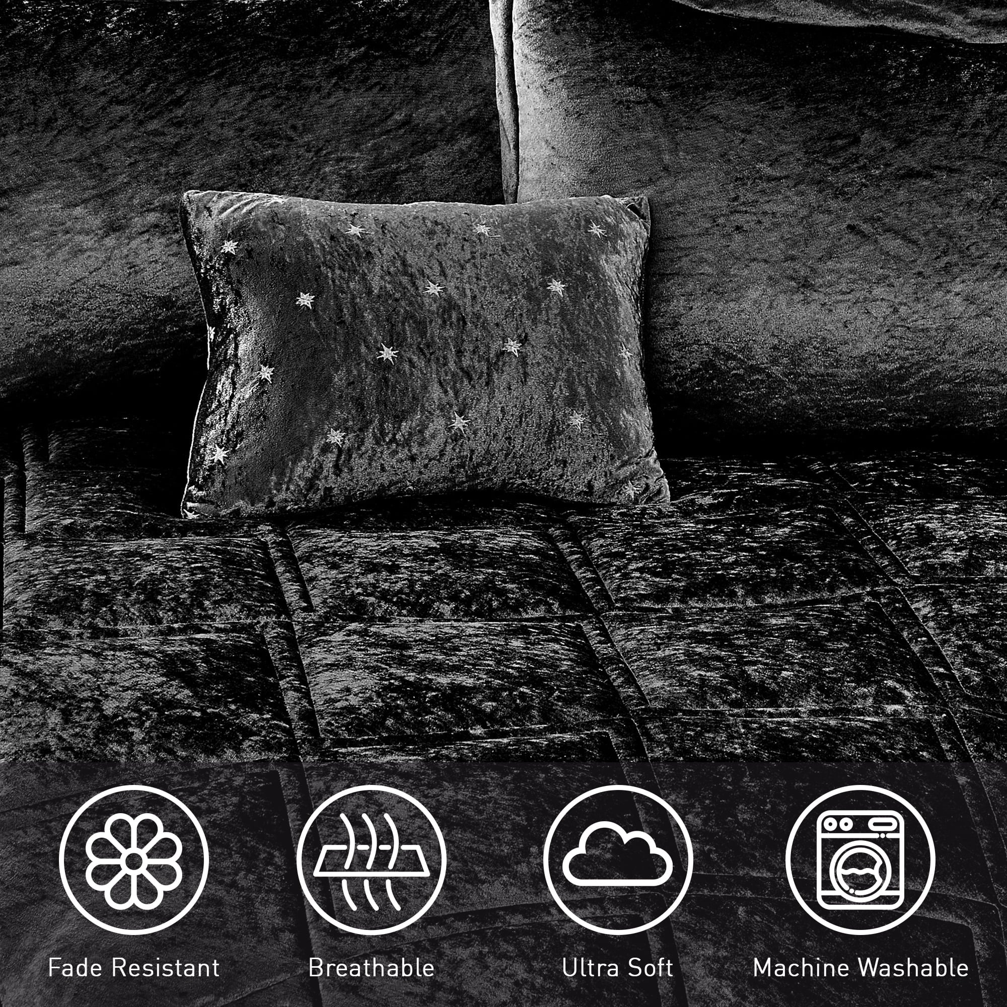 Heavyweight Warmth King/Cal King Size Comforter Sets, Velvet Bedding Comforter Set for All Seasons, Black Bedding Set with Decor Pillow - Luxurious Quilted Duvet Cover Set Detail
