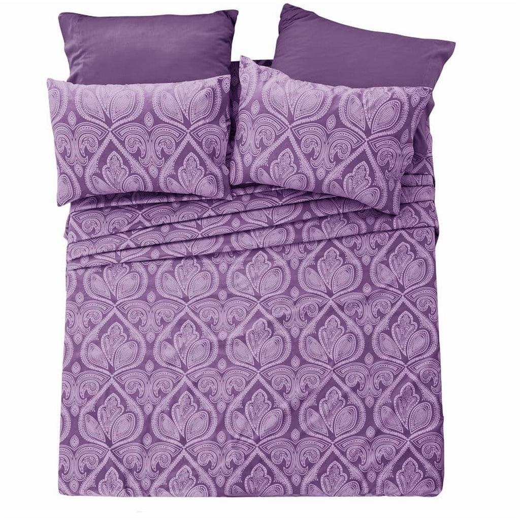 Ultra-Soft Paisley Printed Queen Bed Sheets Set, Microfiber 6 Piece Bedding Set - Purple - Breathable Egyptian Cotton Flat & Fitted Sheets Detail