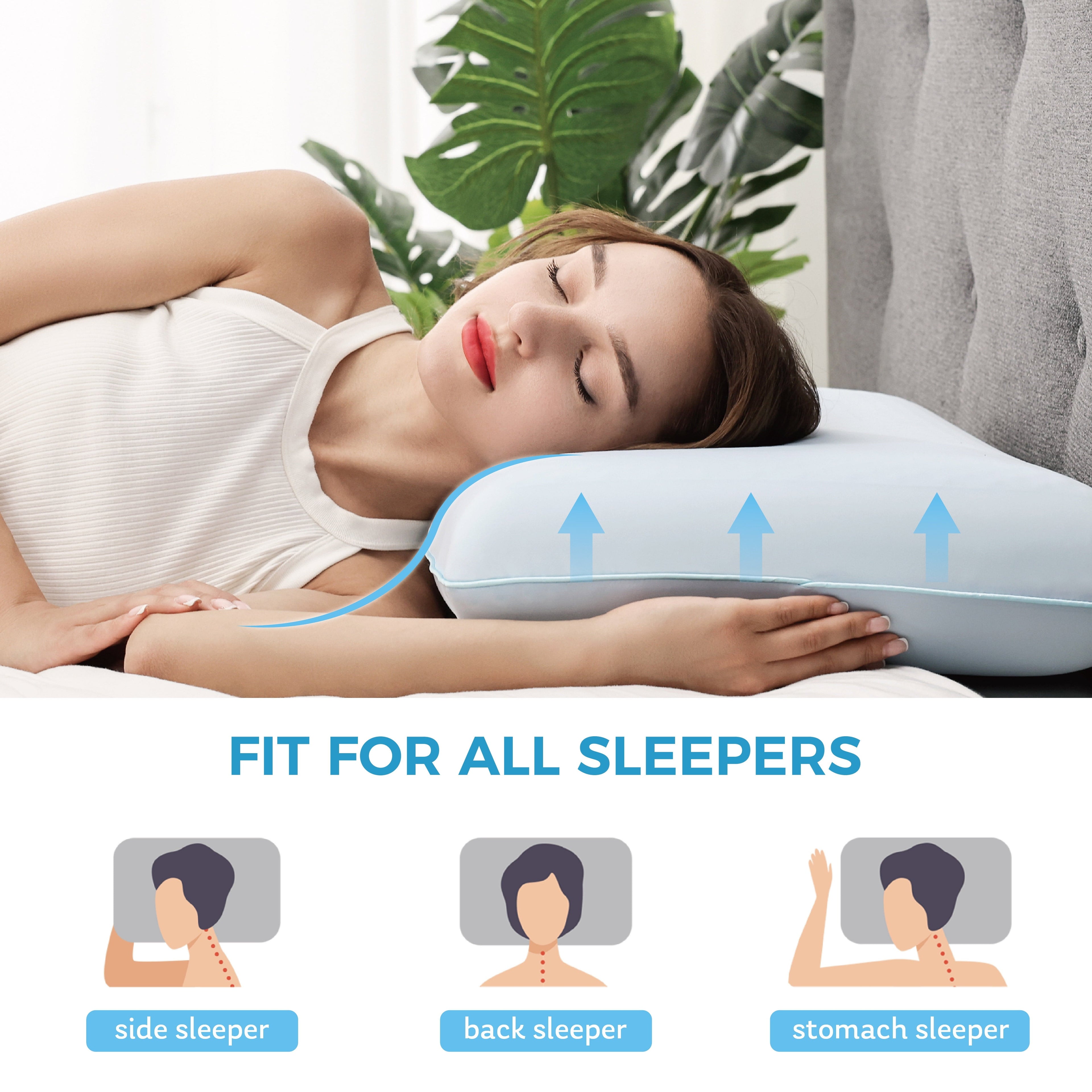 Decorative Plump Memory Foam Pillow, Cooling Gel Bed Pillow, Queen, Blue - Hotel Quality Plush Sleeping Pillows Detail
