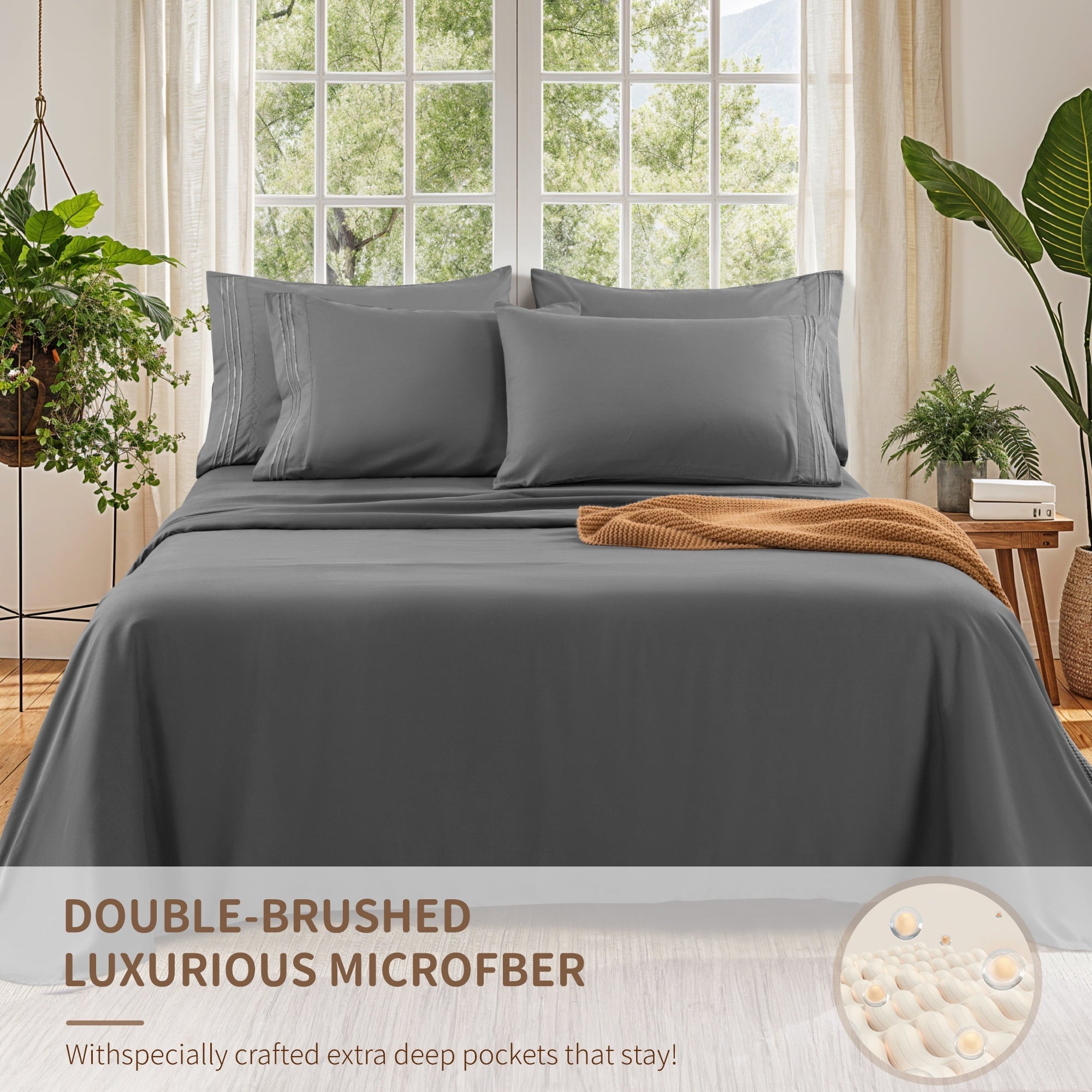 Ultra-Soft 6 Pieces Bed Sheet Set, 1800 Series Soft Microfiber Queen Sheets with 16" Deep Pocket, Dark Gray - Luxury Bed Sheet Set with Deep Pockets Detail