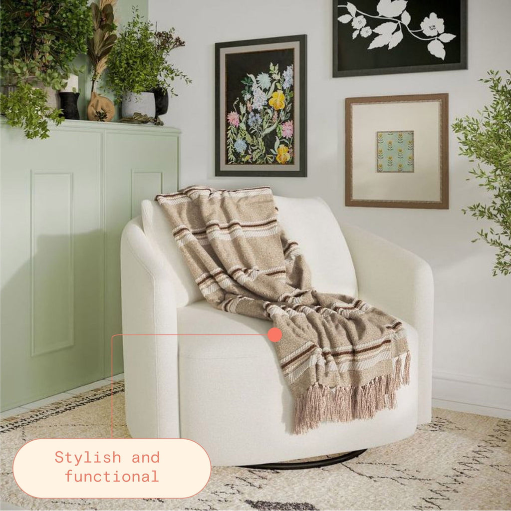 Decorative Knitted 60" x 50" Cozy Striped Porcini Chenille Throw - Luxury Knitted Decorative Throw Blanket with Fringes Detail