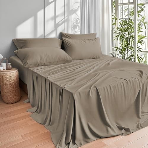 Premium Egyptian Cotton Home 4-Piece Queen Bamboo Bed Sheet Set, 100% Organic Cooling Fabric, 16" Deep Pocket, Taupe - Breathable Egyptian Cotton Flat & Fitted Sheets Detail