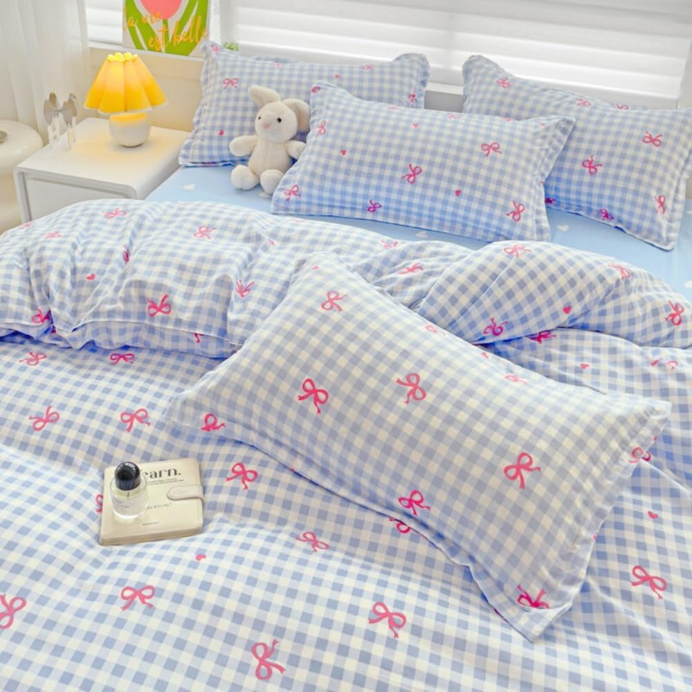 Luxurious Quilted 3-Piece Blue Plaid Pink Bows Comforter Full Set , Cute Soft Bedding Set for Kids Adults - Hypoallergenic Ultra-Fluffy Quilt for Winter Detail