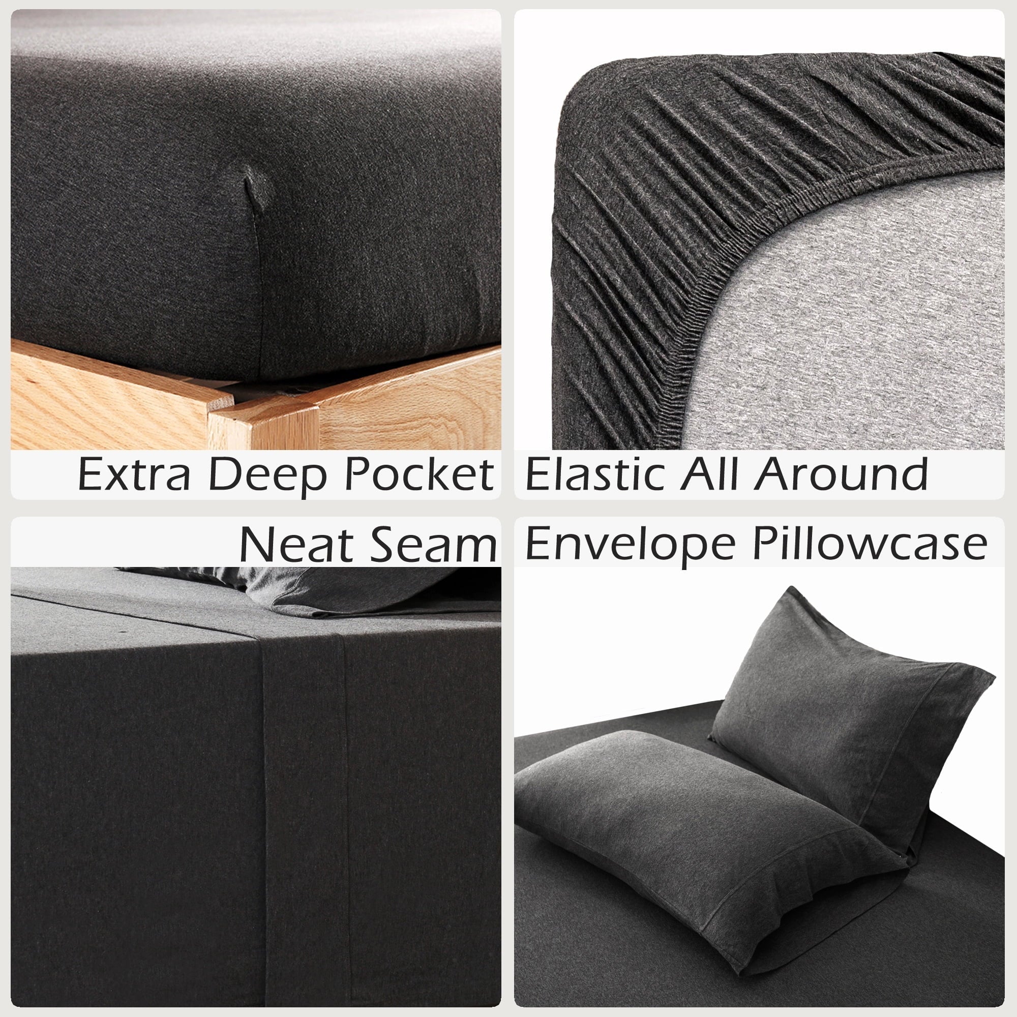 Premium Egyptian Cotton 100% Cotton Jersey Knit 4pc Bed Sheet Set Extra Deep Pocket up to 20" Charcoal Gray Queen - Luxury Bed Sheet Set with Deep Pockets Detail