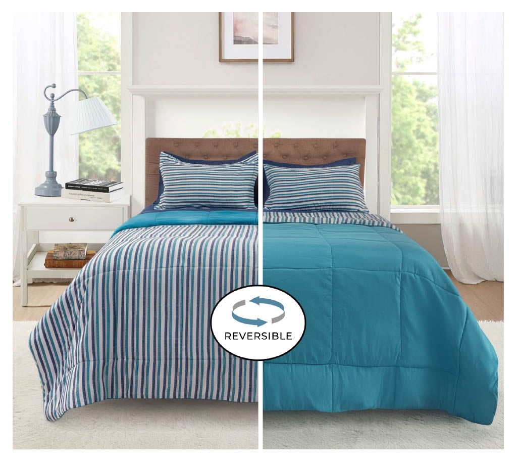 Fluffy Down Alternative All in One Reversible Comforter and Sheet Set- 7 Piece, Queen, Blue Pinstripe - All-Season Down Alternative Comforter Insert Detail