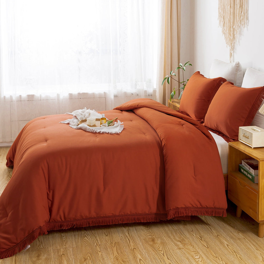 Fluffy Down Alternative King Size Comforter Sets Burnt Orange, 3 Pieces Soft Fluffy Boho Bedding Comforter Sets for King Bed, All Season Terr... - Cloud-Like Soft Lightweight Bed Comforter Detail