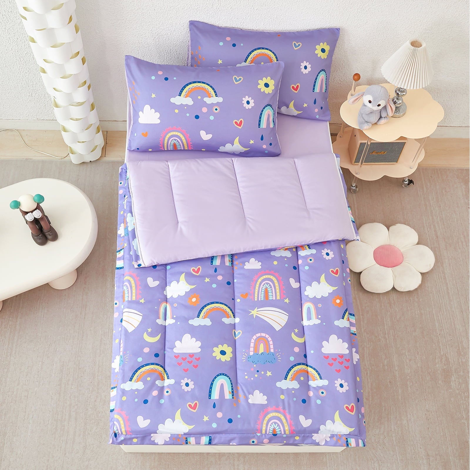 Heavyweight Warmth Zipper Kids Comforter Set, 3-Piece Purple Twin Bed in a Bag, Cartoon Rainbow Stars Flowers Printed Zip Up Comforter S... - Hypoallergenic Ultra-Fluffy Quilt for Winter Detail