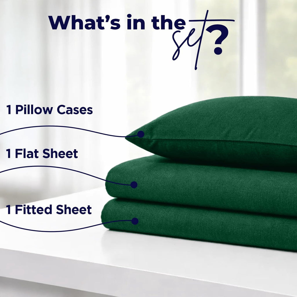 Cooling Sateen Bed Sheet Set Twin 3 Piece Hunter Green Breathable Soft Cotton Jersey Sheets with Deep Pockets, Unisex - Luxury Bed Sheet Set with Deep Pockets Detail