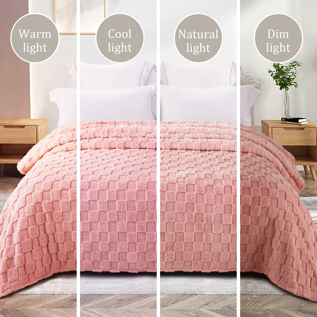 Cozy Fleece Fleece Throw Blanket for Couch, Super Soft Warm Lightweight Checkered Pattern Blanket for All Seasons, Pink, 50"x60" - Cozy Fleece Throw Blanket for Couch & Bed Detail