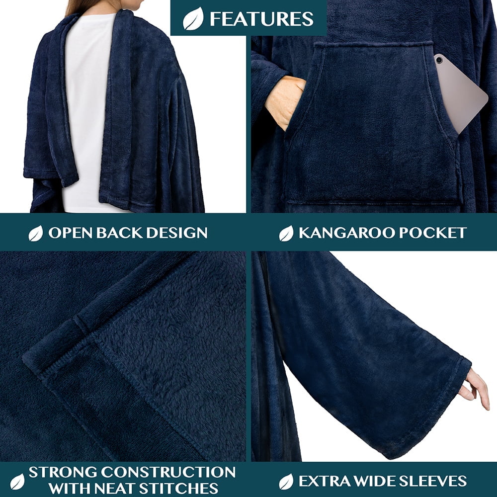 Reversible Sherpa Navy Blue Fleece Wearable Blanket with Sleeves for Adults Women Men, Soft Warm Full Body Wrap Throw, Sweatshirt Pocke... - Luxury Knitted Decorative Throw Blanket with Fringes Detail