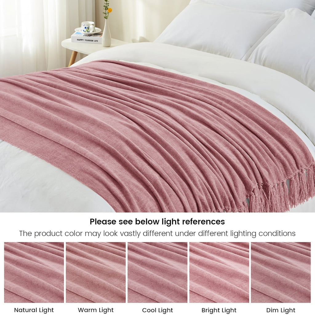 Decorative Knitted Chenille Throw Blanket with Fringe Tassel for Couch Sofa Chair Bed, Mauve 50" X 70" - Cozy Fleece Throw Blanket for Couch & Bed Detail