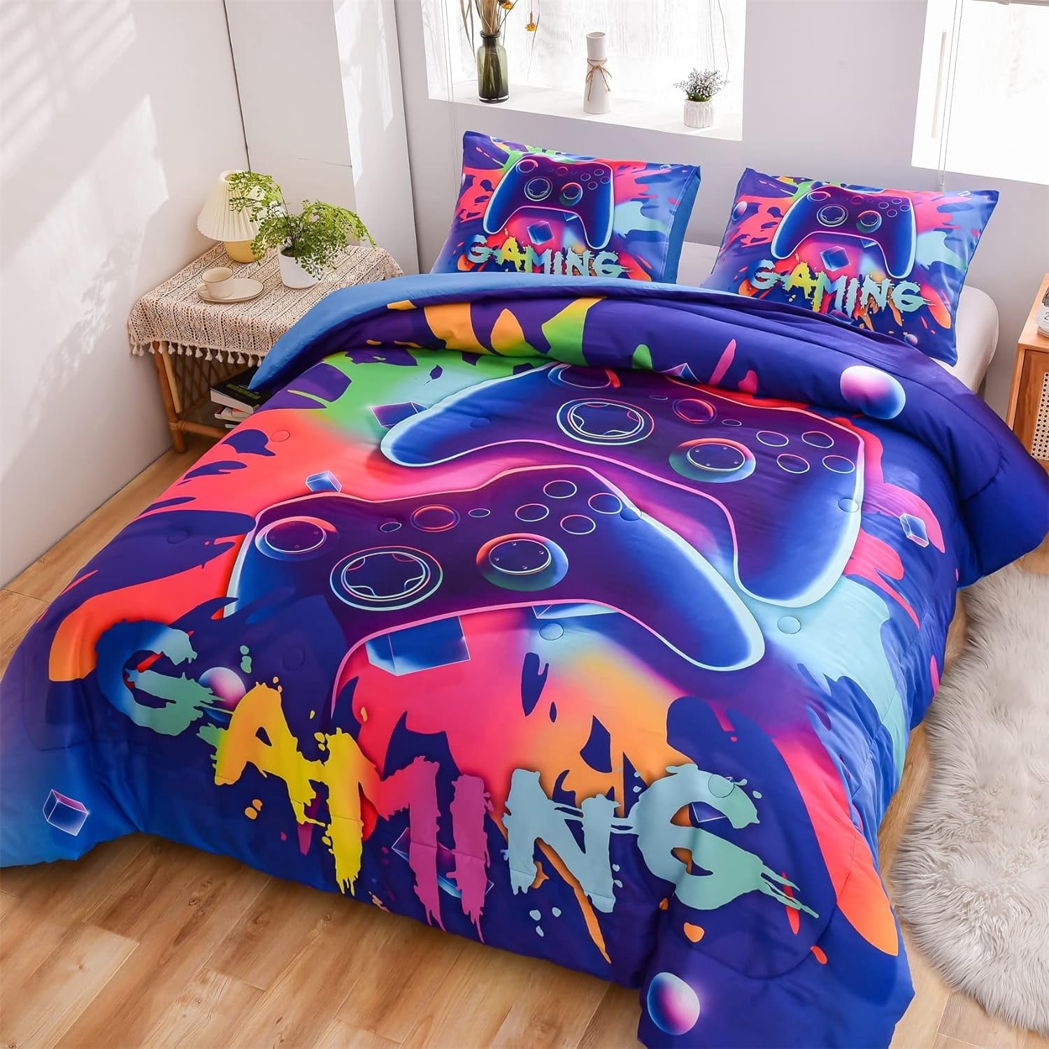 Luxurious Quilted Purple Queen Gaming Comforter Sets for Boys Kids Bedding Sets Colorful Games Console Gamer Quilt Set - Hypoallergenic Ultra-Fluffy Quilt for Winter Detail