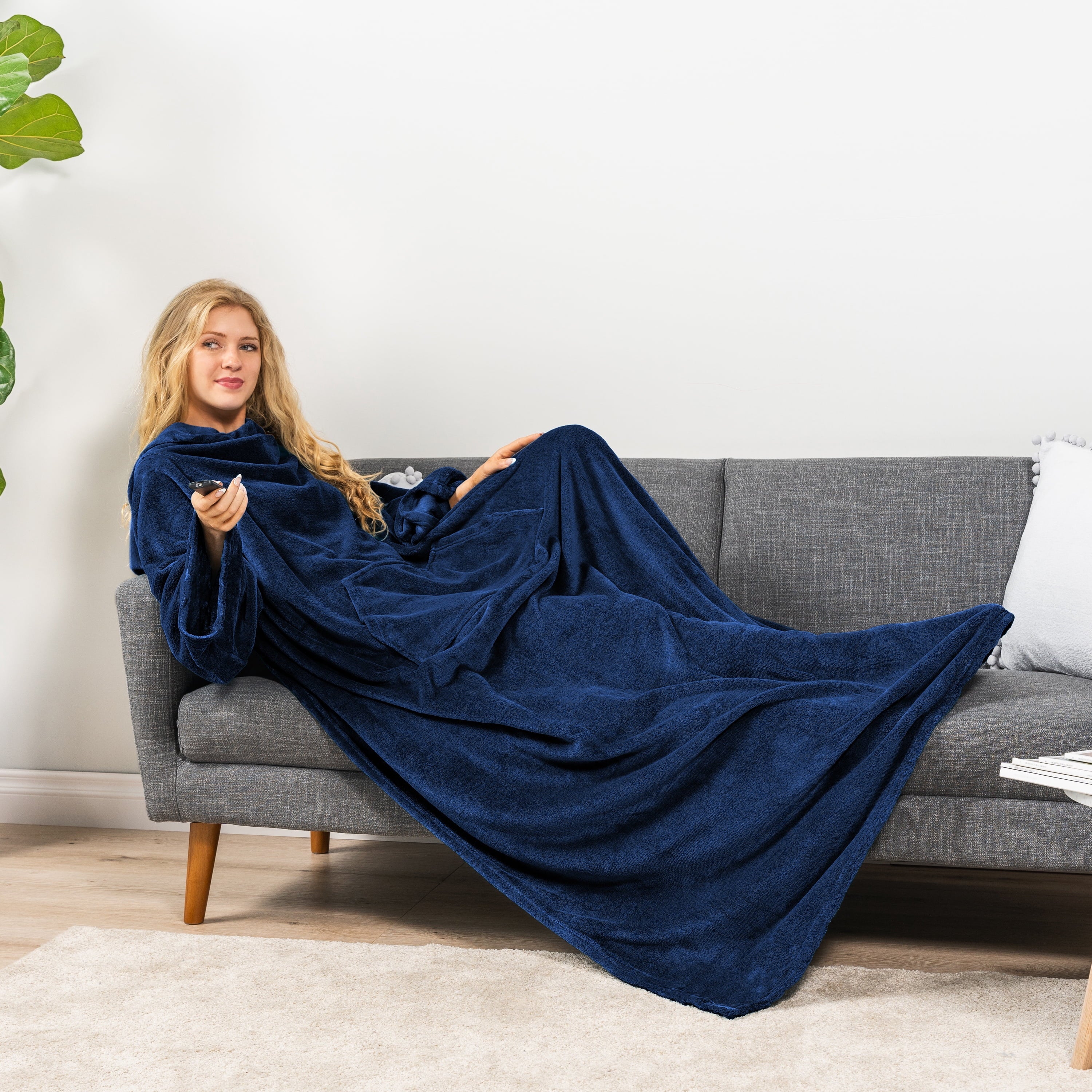 Reversible Sherpa Navy Blue Fleece Wearable Blanket with Sleeves for Adults Women Men, Soft Warm Full Body Wrap Throw, Sweatshirt Pocke... - Luxury Knitted Decorative Throw Blanket with Fringes Detail