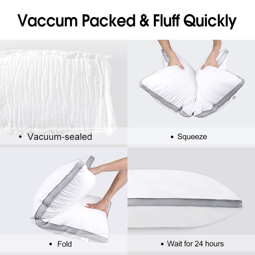 Fluffy Shredded Down Alternative Bed Pillow with Cotton Cover and Gusset, 2 Pack, Queen, 20"x26" - Ergonomic Memory Foam Pillow for Neck Pain Support Detail