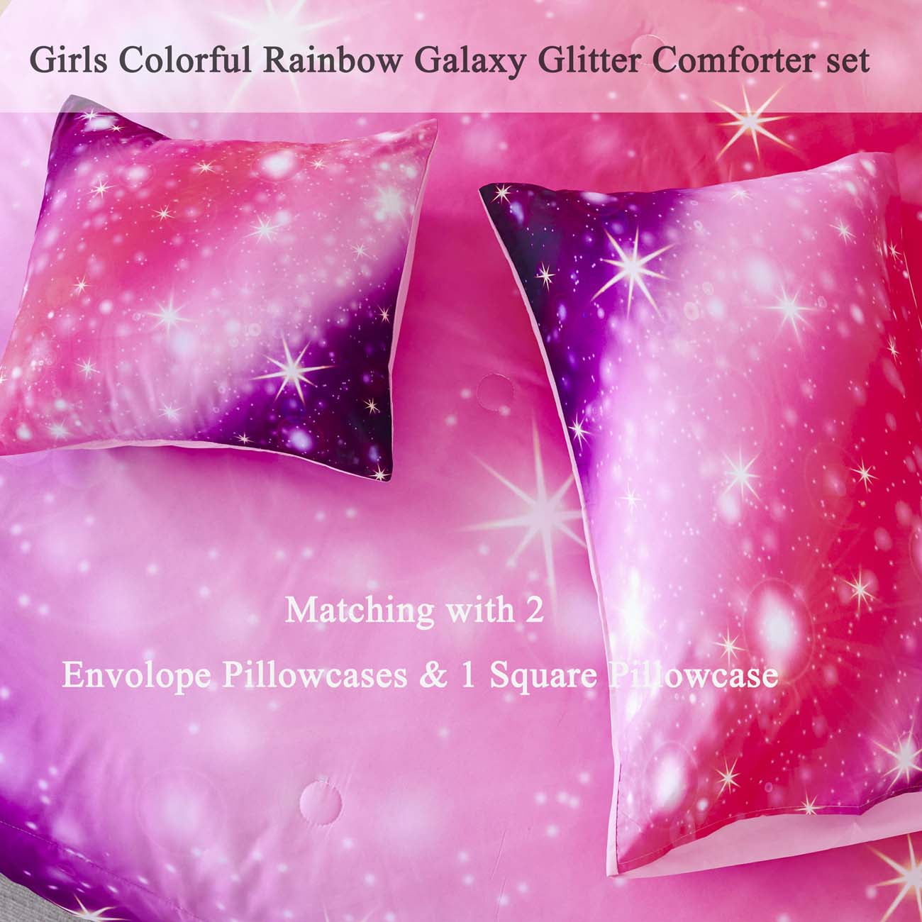 Fluffy Down Alternative 4Pcs Rainbow Twin Size Comforter Set for Girls, Pink Purple Gradient Glitter Kids Bedding Sets, Soft Galaxy Girls Bed... - Luxurious Quilted Duvet Cover Set Detail