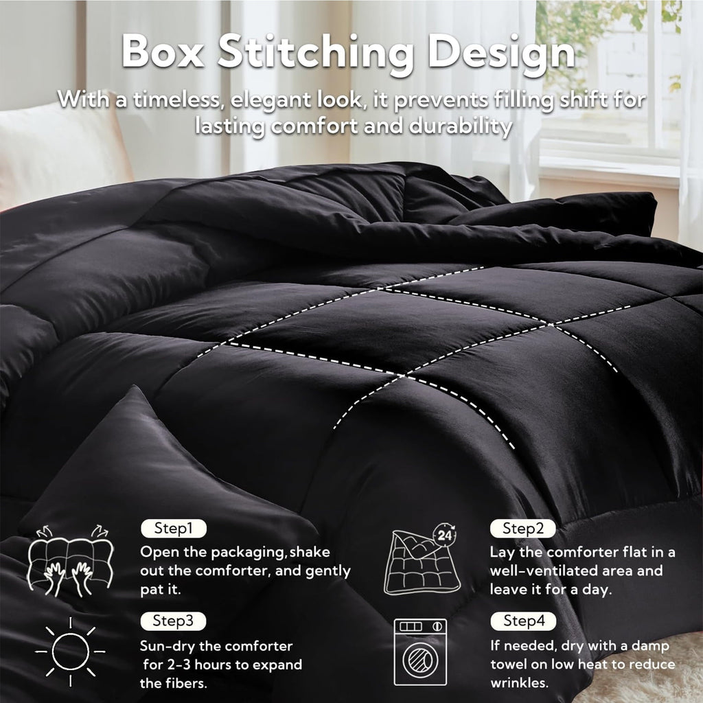 All-Season Reversible Satin Microfiber Comforter 3 Pieces Queen Size, Black Queen Comforter Set for All Seasons, Silky Soft Sati... - Luxurious Quilted Duvet Cover Set Detail