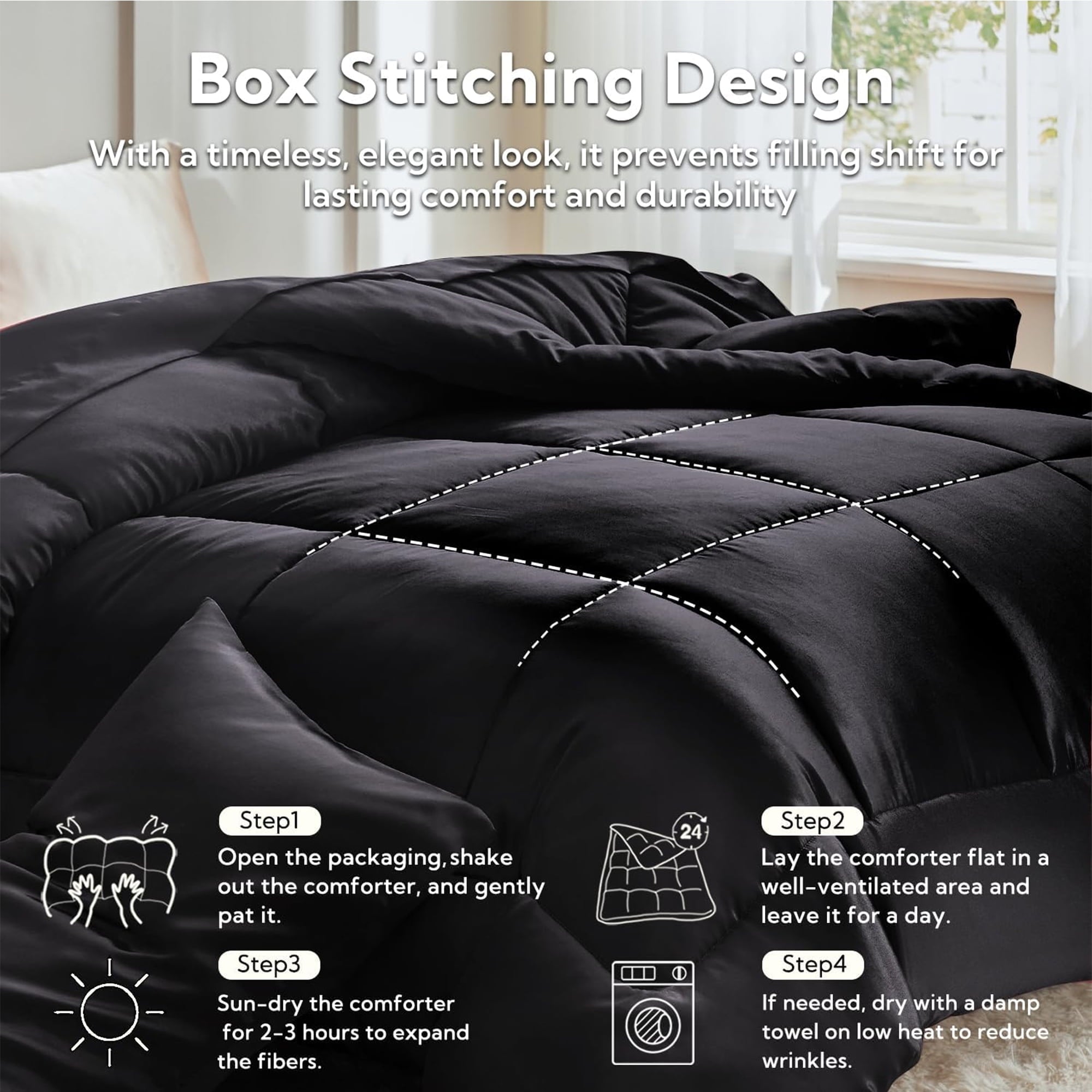 All-Season Reversible Satin Microfiber Comforter 3 Pieces Queen Size, Black Queen Comforter Set for All Seasons, Silky Soft Sati... - Luxurious Quilted Duvet Cover Set Detail