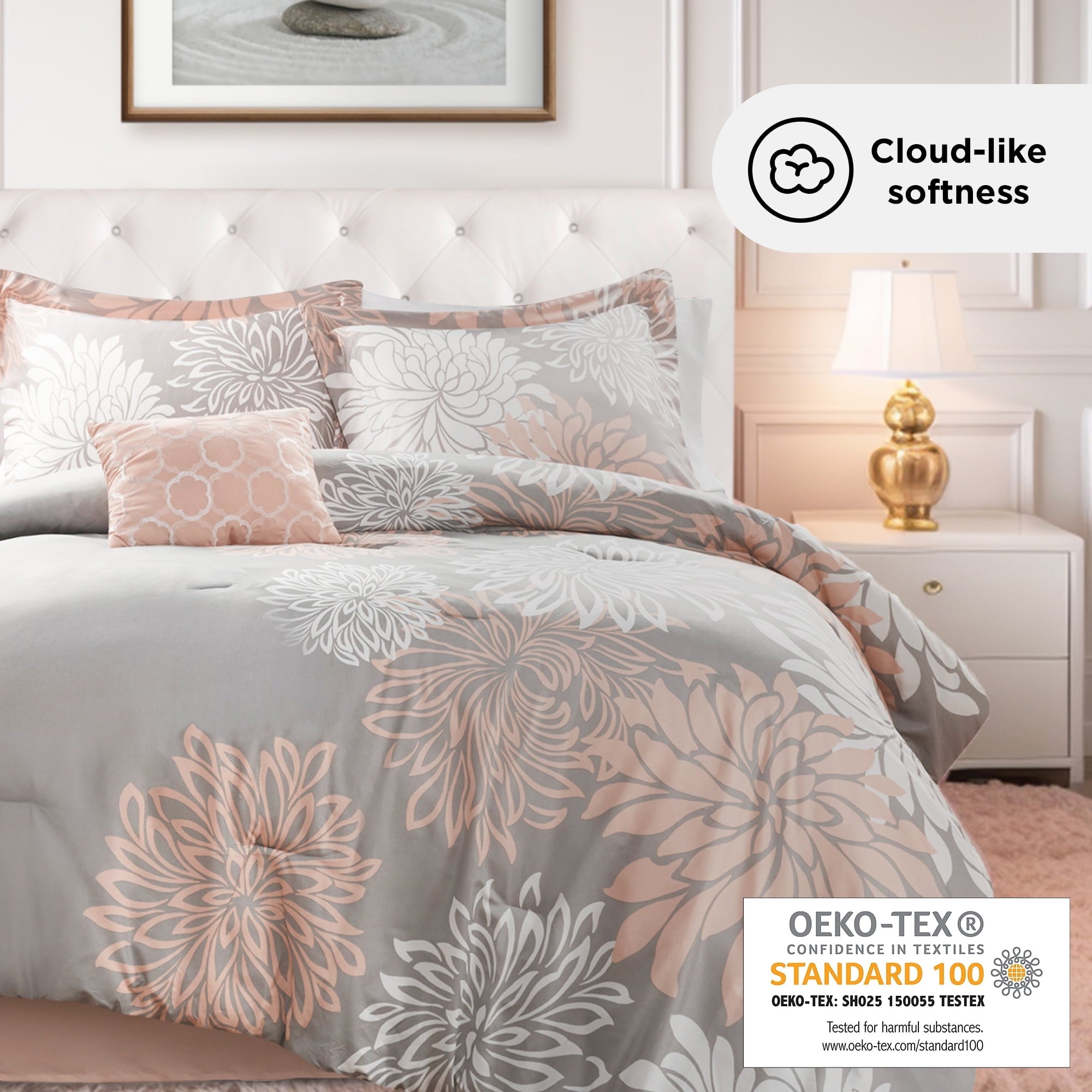Hypoallergenic Cloud King Size Comforter Set, 5-Piece Floral Bedding Set for All Season, Blush Comforter Set King with Bed Skirt - Luxurious Quilted Duvet Cover Set Detail