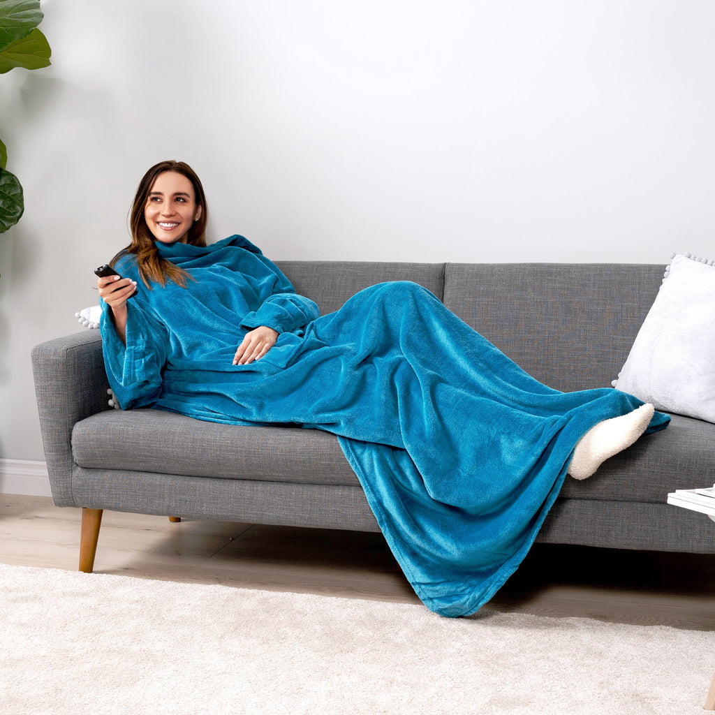 Reversible Sherpa Wearable Blanket with Sleeves for Adult Women Men, Cozy Fleece Warm Wrap Throw Blanket with Arms, Pocket, Gifts for C... - Luxury Knitted Decorative Throw Blanket with Fringes Detail