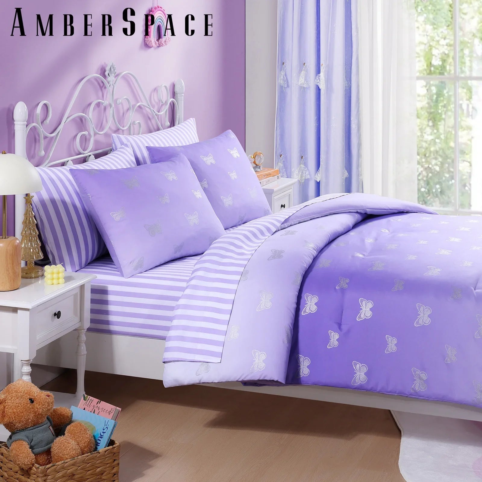 Luxurious Quilted gold foil Design 7-piece Bed in a Bag Comforter Set with Sheets,Purple/Silver Butterflies,Full - Hypoallergenic Ultra-Fluffy Quilt for Winter Detail