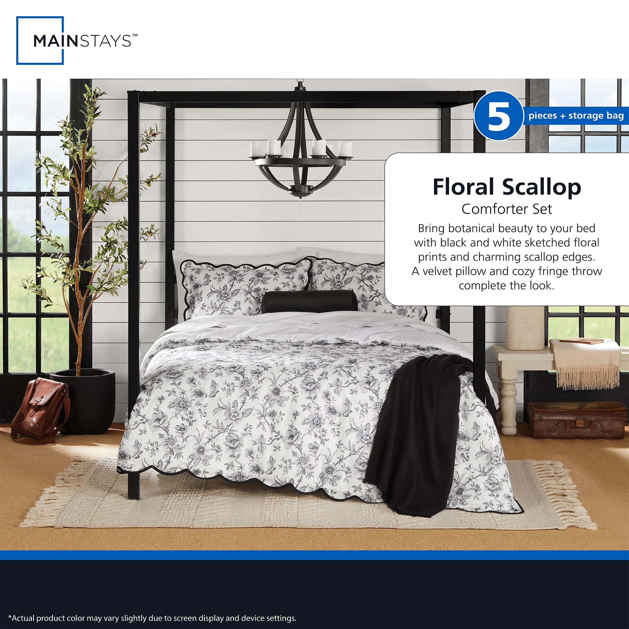 All-Season Floral Scallop 4-Piece White/Black Comforter Set, Twin/Twin XL - Luxurious Quilted Duvet Cover Set Detail