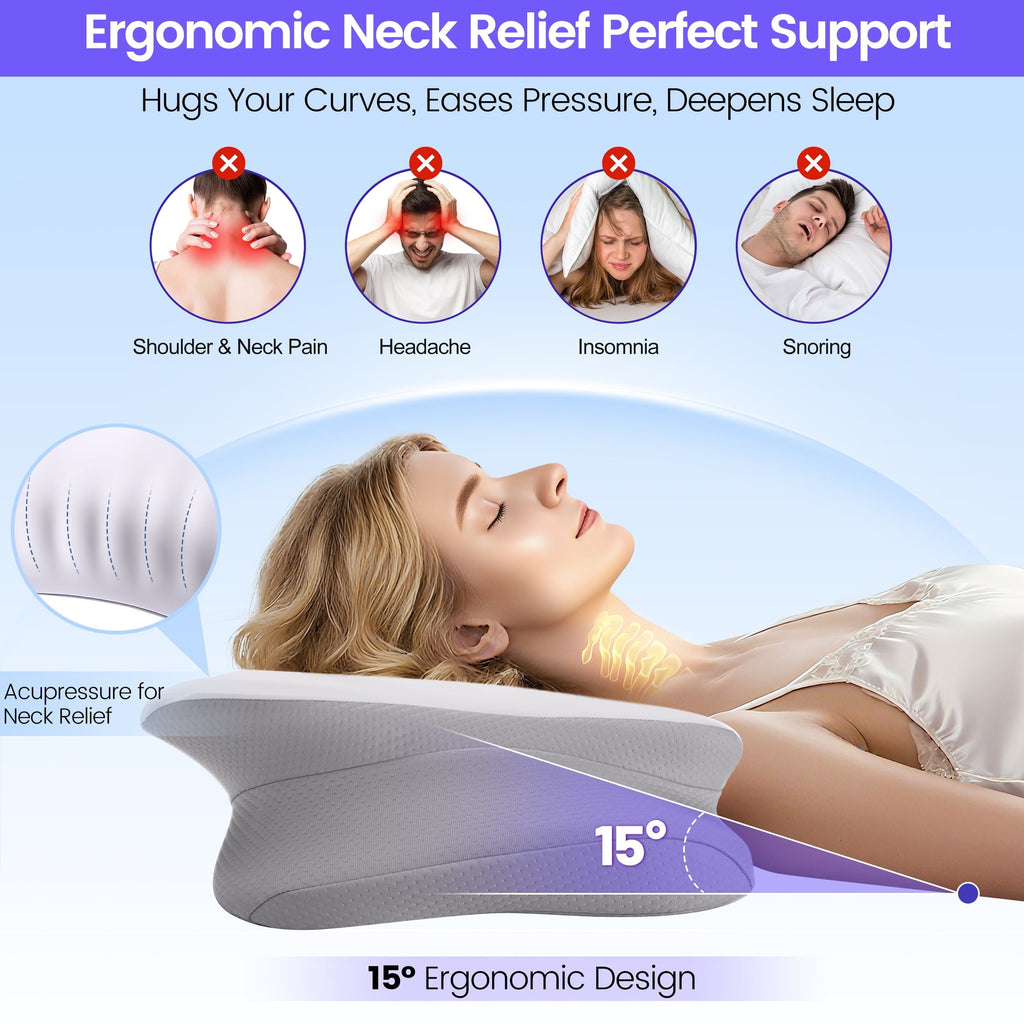 Ergonomic Memory Foam Ergonomic Cervical Pillows，Memory Foam Bed Pillow for Neck & Shoulder Pain Relief for Side Back Stomach Sleepers White - Hotel Quality Plush Sleeping Pillows Detail