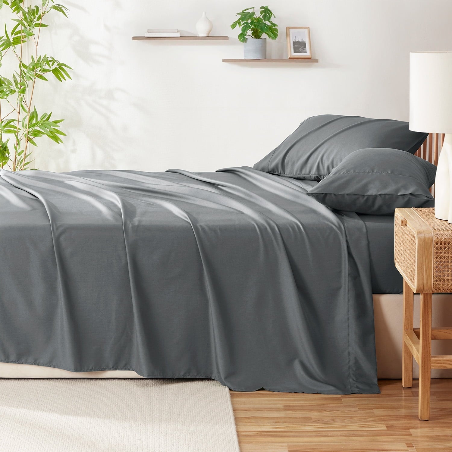 Premium Egyptian Cotton Virtu Bed Sheets Set, Deep Pocket Rayon Derived 4 Piece Queen Sheets sets, Gray - Premium Ultra-Soft Pillowcase Pair for Sleeping Detail