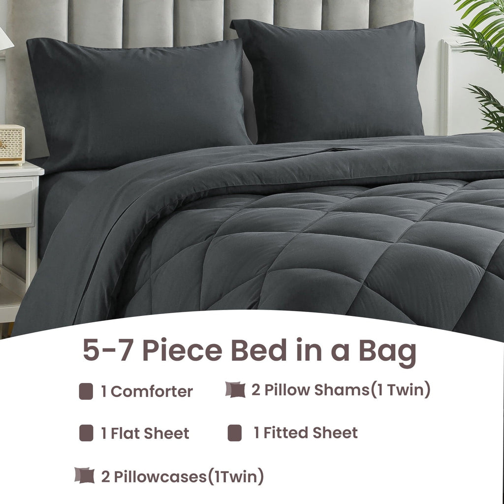 All-Season Queen Bed in a Bag Comforter Set with 7 Pieces - Dark Gray All Season Bedding Sets with Comforter, Pillow Shams, Flat... - Luxurious Quilted Duvet Cover Set Detail