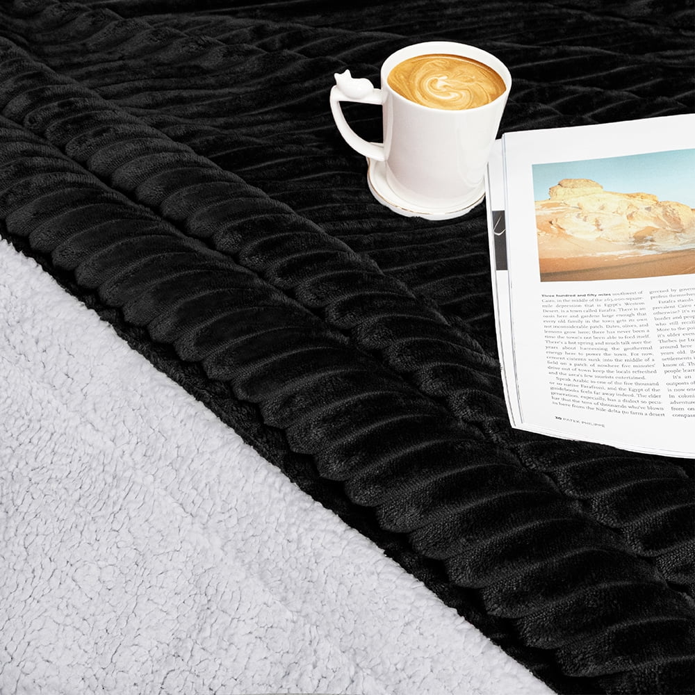 Reversible Sherpa Reversible Sherpa Fleece Throw Blanket Black, Plush Flannel Throw, Ultra Soft Warm Ribbed Microfiber Blanket for Sofa... - Super Soft Reversible Sherpa Flannel Blanket Detail