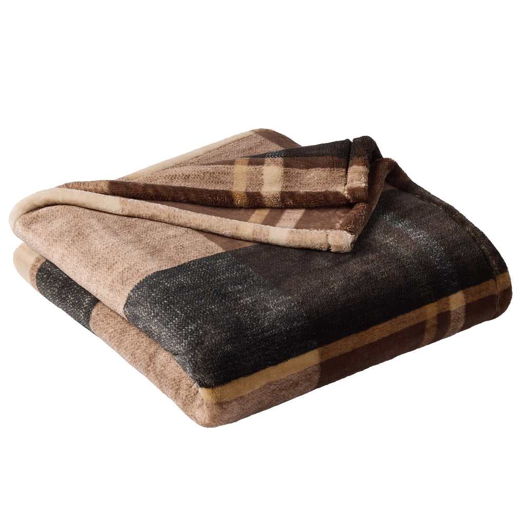 Decorative Knitted Printed Velvet Plush Super Soft Throw Blanket, Oversized, Shelton Brown Plaid - Luxury Knitted Decorative Throw Blanket with Fringes Detail