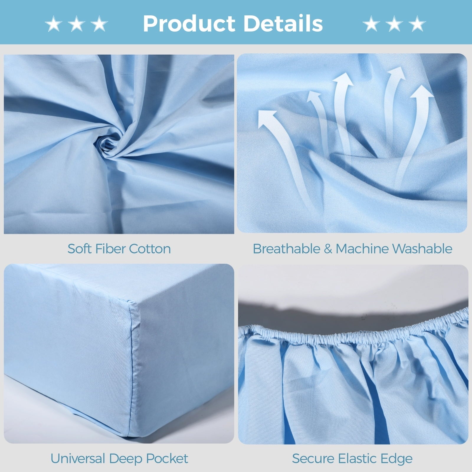 Premium Egyptian Cotton 6 Pcs Hospital Bed Sheets Set, Includes 2 Fitted Sheet 84x36x14", 2 Flat Sheets 104x59", 2 Pillowcases 19x29", Soft B... - Luxury Bed Sheet Set with Deep Pockets Detail